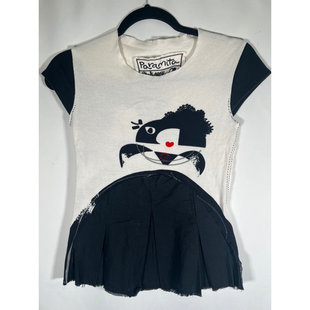 Paramita Womens Graphic Print Peplum Top Black White Cotton Short Sleeve Small